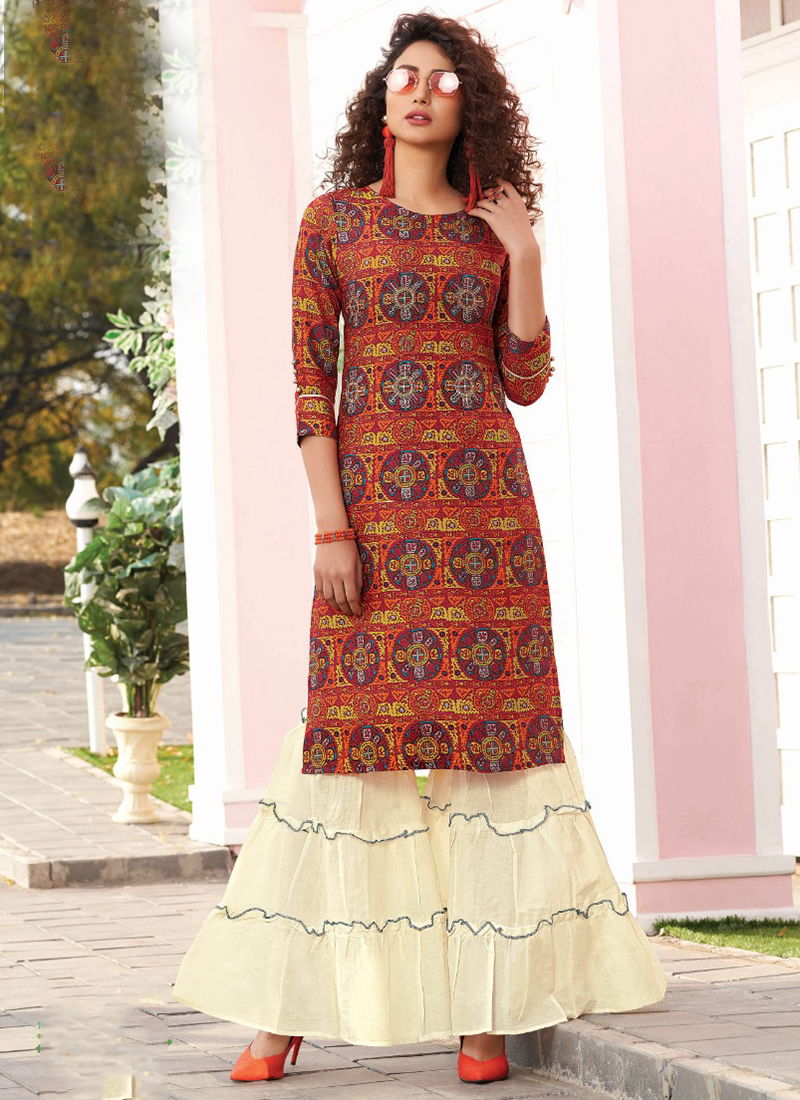 F.Label Vol 5 Designer Rayon Embroidery Work Kurti With Fancy Bottom Collection 5001-5012 